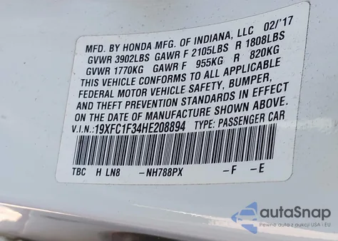 2017 Honda Civic Ex-T из США, поврежденный, VIN 19XFC1F34HE208894